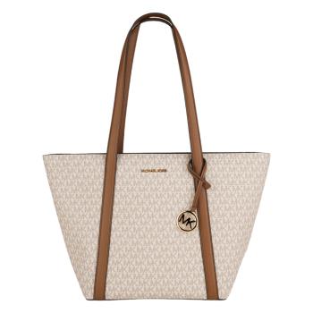 MICHAEL KORS-滿版防刮 PVC肩背托特包(白x棕槓)大