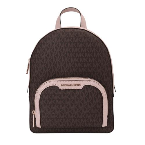 MICHAEL KORS-金字防刮皮飾邊雙拉鍊後背包(咖x粉)小