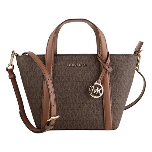 MICHAEL KORS-金字防刮滿版LOGO兩用包(深咖x棕槓)