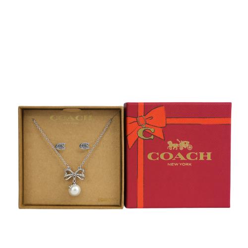 COACH C Logo 玻璃珍珠針式耳環+玻璃珍珠蝴蝶結項鍊飾品禮盒(銀色)