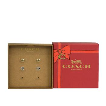 COACH 泰迪熊/愛心/圓形玻璃水鑽造型耳環禮盒組(金色/銀色)