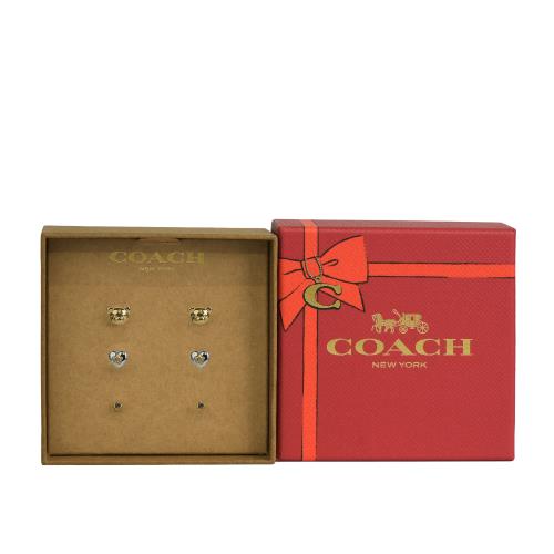 COACH 泰迪熊/愛心/圓形玻璃水鑽造型耳環禮盒組(金色/銀色)