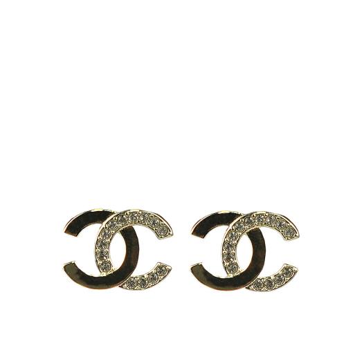 CHANEL CC Logo 半水鑽設計針式耳環(金色)