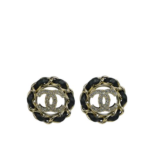 CHANEL 水鑽CC Logo 皮穿鍊設計針式耳環(金色/黑色)