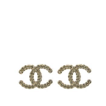 CHANEL CC Logo 水鑽中款針式耳環(金色)