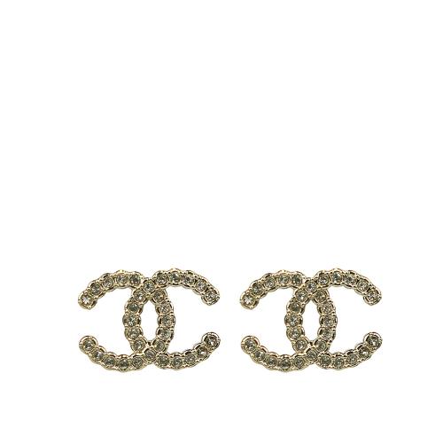 CHANEL CC Logo 水鑽中款針式耳環(金色)