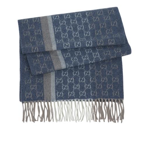 二手商品9.5成新_GUCCI GG Logo灰藍條紋羊毛圍巾(尼羅河藍)