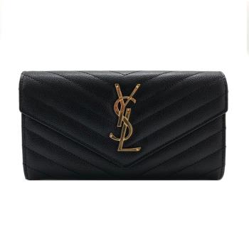 【YSL】Monogram V字縫線魚子醬牛皮金屬LOGO暗釦手拿長夾(372264-黑)