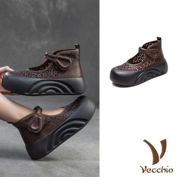 【VECCHIO】全真皮刻花厚底涼鞋/全真皮頭層牛皮復古縷空刻花厚底一字帶涼鞋 女鞋 咖