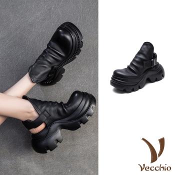 【VECCHIO】全真皮褶皺厚底包頭涼鞋/全真皮頭層牛皮復古褶皺時尚厚底包頭涼鞋 女鞋 黑