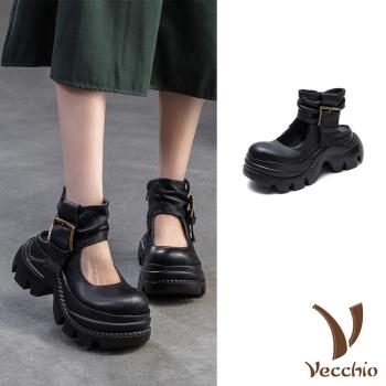 【VECCHIO】全真皮拼接繫帶厚底涼鞋/全真皮頭層牛皮復古縷空拼接繫帶厚底涼鞋 女鞋 黑