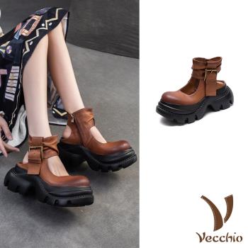 【VECCHIO】全真皮拼接繫帶厚底涼鞋/全真皮頭層牛皮復古縷空拼接繫帶厚底涼鞋 女鞋 棕