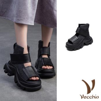 【VECCHIO】真皮魔鬼粘輕量厚底涼鞋/真皮頭層牛皮復古個性魔鬼粘輕量厚底涼鞋 女鞋 黑