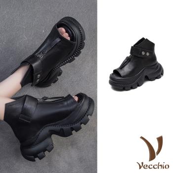 【VECCHIO】真皮露趾厚底羅馬涼鞋/真皮頭層牛皮復古設計個性露趾厚底羅馬涼鞋 女鞋 黑