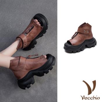 【VECCHIO】真皮露趾厚底羅馬涼鞋/真皮頭層牛皮復古設計個性露趾厚底羅馬涼鞋 女鞋 咖