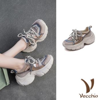 【VECCHIO】真皮撞色拼接厚底運動涼鞋/真皮頭層牛皮撞色拼接透氣縷空繫帶厚底運動涼鞋 女鞋 藍