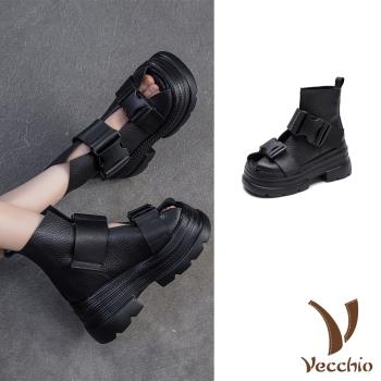 【VECCHIO】全真皮雙皮帶釦厚底羅馬涼鞋/全真皮頭層牛皮復古雙皮帶釦飾厚底羅馬涼鞋 女鞋 黑