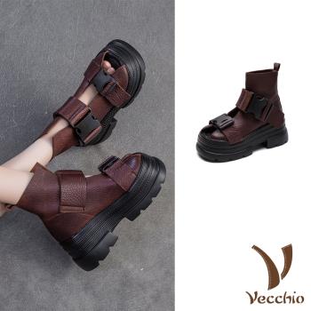 【VECCHIO】全真皮雙皮帶釦厚底羅馬涼鞋/全真皮頭層牛皮復古雙皮帶釦飾厚底羅馬涼鞋 女鞋 棕