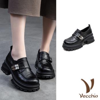 【VECCHIO】真皮金屬釦粗跟厚底樂福鞋/真皮頭層牛皮個性金屬釦粗跟厚底小皮鞋 樂福鞋 女鞋 黑