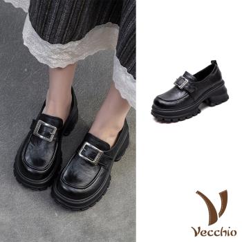 【VECCHIO】真皮皮帶扣粗跟厚底樂福鞋/真皮頭層牛皮復古皮帶扣造型粗跟厚底樂福鞋 女鞋 黑