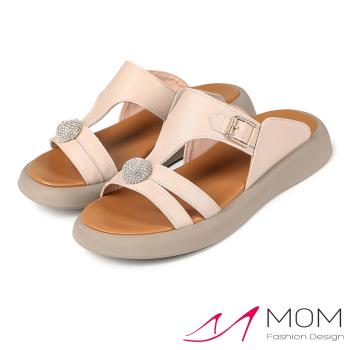 【MOM】真皮鑽釦工字平底拖鞋/真皮閃耀鑽釦工字設計感舒適平底拖鞋 女鞋 杏