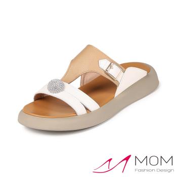 【MOM】真皮鑽釦工字平底拖鞋 /真皮閃耀鑽釦工字設計感舒適平底拖鞋 女鞋 米杏