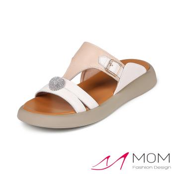 【MOM】真皮鑽釦工字平底拖鞋 /真皮閃耀鑽釦工字設計感舒適平底拖鞋 女鞋 米棕