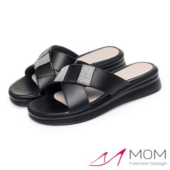 【MOM】真皮美鑽輕量厚底拖鞋/真皮美鑽拼貼X交叉造型輕量厚底拖鞋 女鞋 黑