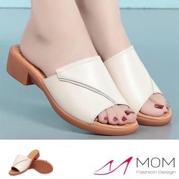 【MOM】真皮拼接舒適軟底低跟拖鞋/真皮幾何拼接舒適軟底低跟拖鞋 女鞋 白