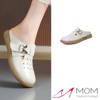 【MOM】真皮沖孔圓頭平底包頭拖鞋/真皮寬楦縷空沖孔小兔皮帶釦小圓頭平底包頭拖鞋 女鞋 米