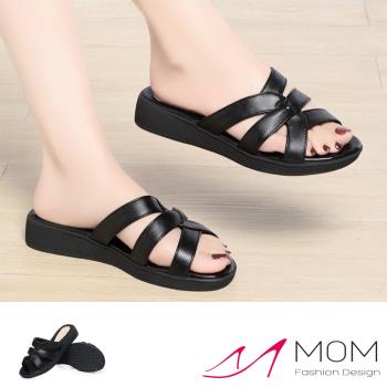 【MOM】真皮縷空花結厚底拖鞋/真皮縷空線條花結設計厚底拖鞋 女鞋 黑