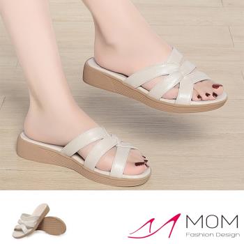 【MOM】真皮縷空花結厚底拖鞋/真皮縷空線條花結設計厚底拖鞋 女鞋 白