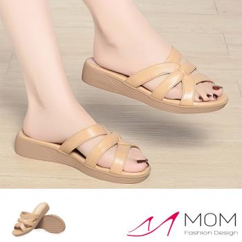 【MOM】真皮縷空花結厚底拖鞋/真皮縷空線條花結設計厚底拖鞋 女鞋 卡其