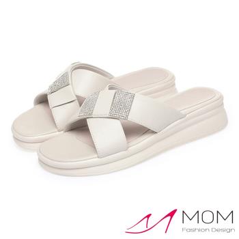 【MOM】真皮美鑽輕量厚底拖鞋/真皮美鑽拼貼X交叉造型輕量厚底拖鞋 女鞋 白