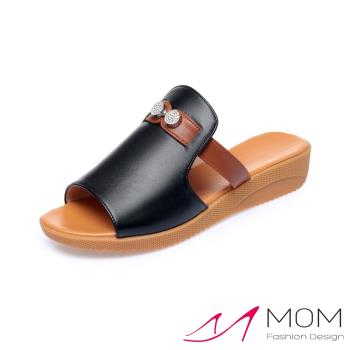 【MOM】真皮美鑽厚底坡跟拖鞋/真皮時尚美鑽鑽球拼接舒適厚底坡跟拖鞋 女鞋 黑