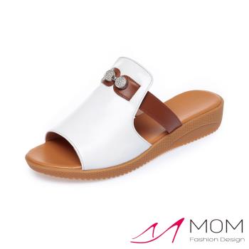 【MOM】真皮美鑽厚底坡跟拖鞋/真皮時尚美鑽鑽球拼接舒適厚底坡跟拖鞋 女鞋 白