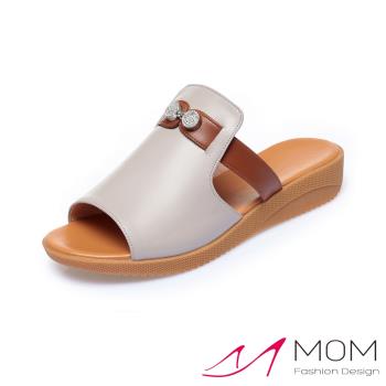 【MOM】真皮美鑽厚底坡跟拖鞋/真皮時尚美鑽鑽球拼接舒適厚底坡跟拖鞋 女鞋 灰