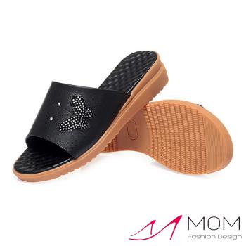 【MOM】真皮美鑽蝴蝶坡跟拖鞋/真皮細緻美鑽蝴蝶造型坡跟拖鞋 女鞋 黑