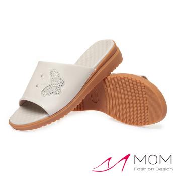 【MOM】真皮美鑽蝴蝶坡跟拖鞋/真皮細緻美鑽蝴蝶造型坡跟拖鞋 女鞋 白