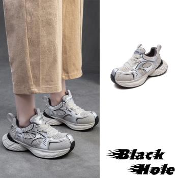 【BLACKHOLE】網面拼接厚底休閒運動鞋/潮流復古流線網面拼接厚底休閒運動鞋 女鞋 灰