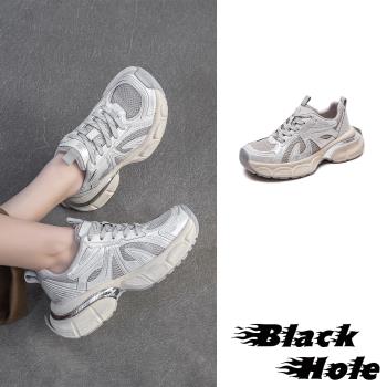 【BLACKHOLE】網面拼接厚底運動鞋/透氣網面潮流拼接個性厚底運動鞋 女鞋 灰