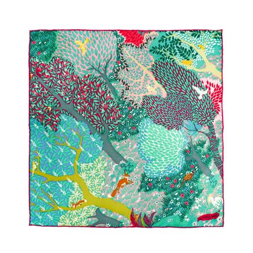 Hermes 展示品 森林小動物絲巾/方巾-45cm(綠)