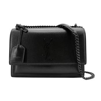 YSL Sunset 牛皮翻蓋黑鍊斜揹包-中(442906-黑)