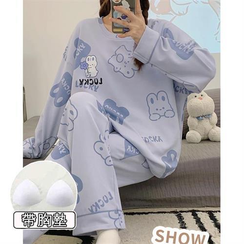 【韓國K.W.】現貨正韓進口圓領童趣藍兔家居服套裝睡衣帶胸墊(休閒/睡裙/睡衣)