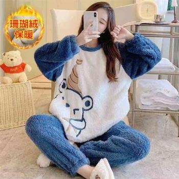 【韓國K.W.】現貨韓國專櫃品質藍白熊珊瑚絨保暖家居服套裝睡衣(保暖/套裝/超暖禦寒/加絨)