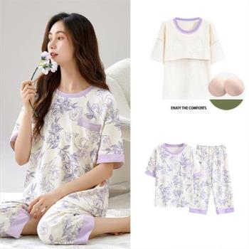 【韓國K.W.】現貨帶胸墊文藝花朵純棉花漾家居服套裝睡衣