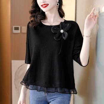 【ALLK 歐楷】新品 花朵長上衣 黑色(尺寸L-XXL/中大尺碼/涼爽/透氣)