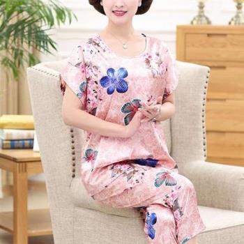【韓國K.W.】現貨冰涼絲綢緞國色天香印花家居服套裝睡衣