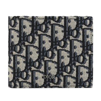 Christian Dior 滿版緹花LOGO帆布對開4卡零錢短夾.深藍