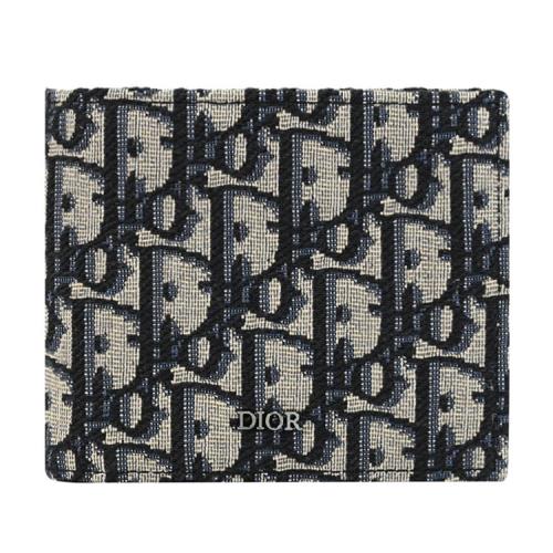 Christian Dior 滿版緹花LOGO帆布對開4卡零錢短夾.深藍
